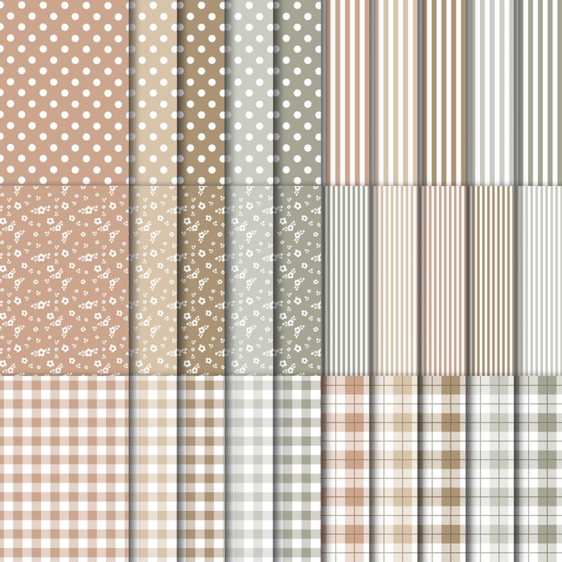 May include: A collection of patterned papers in various designs and colors. The patterns include polka dots, floral prints, stripes, and gingham checks. The color palette features shades of brown, beige, and white, creating a neutral and versatile aesthetic.