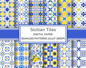 Sicilian Tiles Digital Paper | Lemon Majolica Seamless Patterns | Mediterranean Summer Printable Paper Scrapbook
