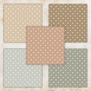 May include: Five square patterned papers with white polka dots on various neutral backgrounds: beige, brown, peach, gray, and olive green. The papers are arranged on a light wood-grain surface.