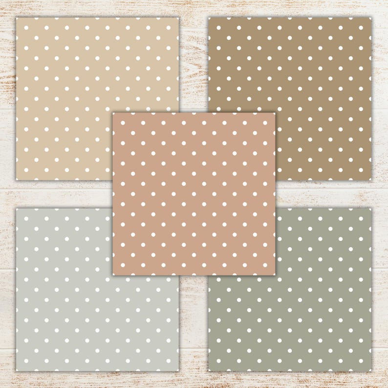 May include: Five square patterned papers with white polka dots on various neutral backgrounds: beige, brown, peach, gray, and olive green. The papers are arranged on a light wood-grain surface.