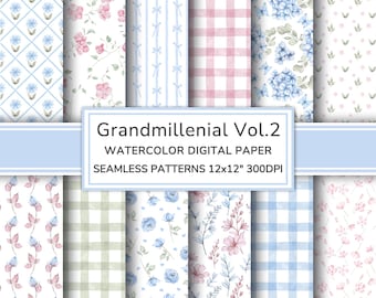Grandmillenial Watercolor Digital Paper Pack Vol.2 | Romantic Cottage Seamless Patterns | Vintage Flowers Printable Scrapbook Paper