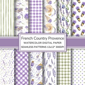 Può includere: Una collezione di modelli senza cuciture di carta digitale ad acquerello a tema Provenza francese. I modelli includono rametti di lavanda, quadretti vichy, strisce, farfalle e pois. Il testo sull'immagine recita "French Country Provence Watercolor Digital Paper Seamless Patterns 12x12" 300DPI."