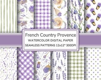 French Country Provence Watercolor Digital Paper | Floral Seamless Patterns | Lavender Cottage Printable Scrapbook Paper