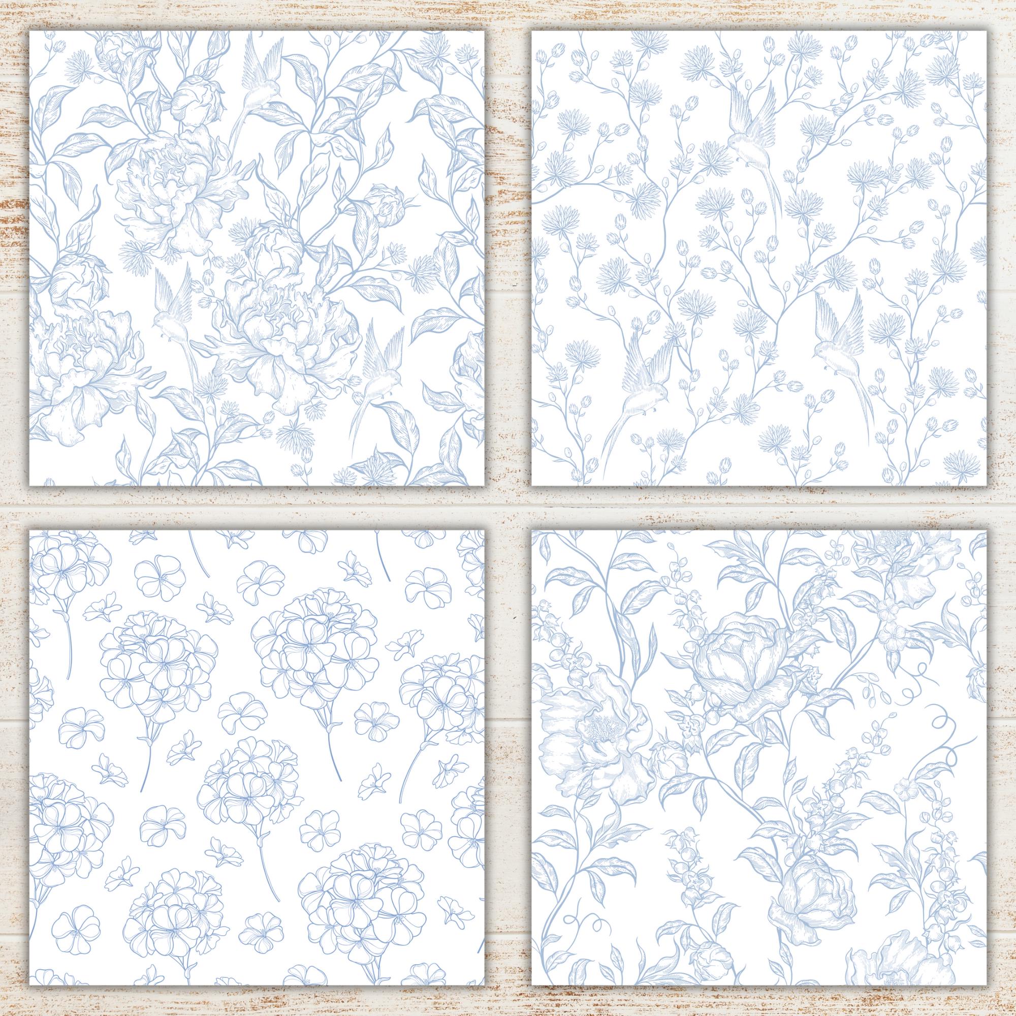 Blue Toile De Jouy Digital Paper Pack | Floral Seamless Patterns | Blue ...