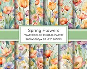 Spring Flowers Watercolor Digital Paper Pack | Tulips Printable Scrapbook Paper | Foral Backgrounds