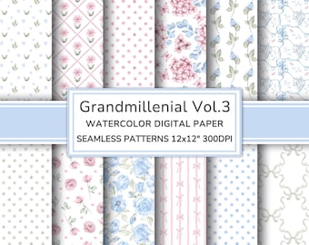 Grandmillenial Watercolor Digital Paper Pack Vol.3 | Romantic Cottage Seamless Patterns | Vintage Flowers Printable Scrapbook Paper