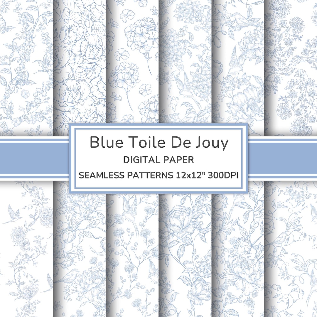 Blue Toile De Jouy Digital Paper Pack | Floral Seamless Patterns | Blue ...