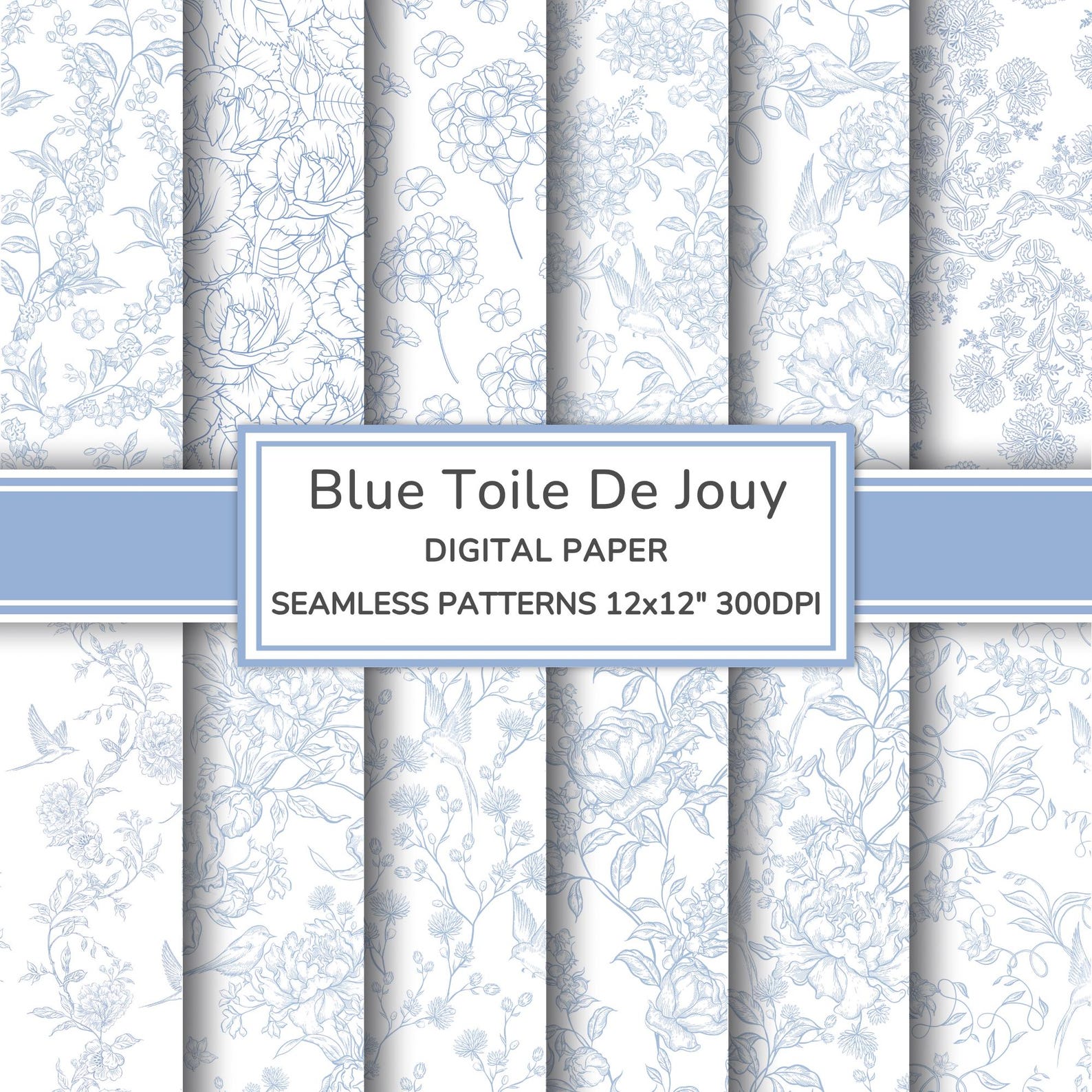 Blue Toile De Jouy Digital Paper Pack | Floral Seamless Patterns | Blue ...