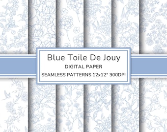 Blue Toile De Jouy Digital Paper Pack | Floral Seamless Patterns | Blue French Printable Scrapbook Paper
