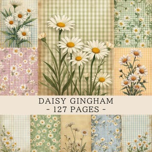 Daisy Gingham Junk Journal Pages | Country Daisies Digital Paper | Rustic Floral Cottage Printable Scrapbook Paper