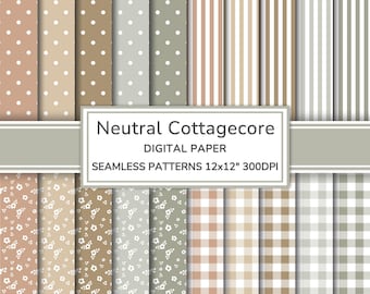 Neutral Cottagecore Digital Paper Pack | Floral Seamless Patterns | Stripes | Polka Dots | Gingham | Country Printable Scrapbook Paper