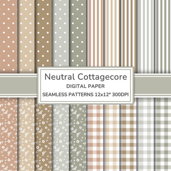 Neutral Cottagecore Digital Paper Pack | Floral Seamless Patterns | Stripes | Polka Dots | Gingham | Country Printable Scrapbook Paper
