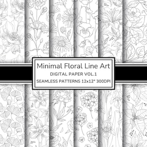 Digitaal papierpakket met minimale bloemenlijnkunst | Naadloze zwart-witte bloemenpatronen | Minimalistisch afdrukbaar plakboekpapier
