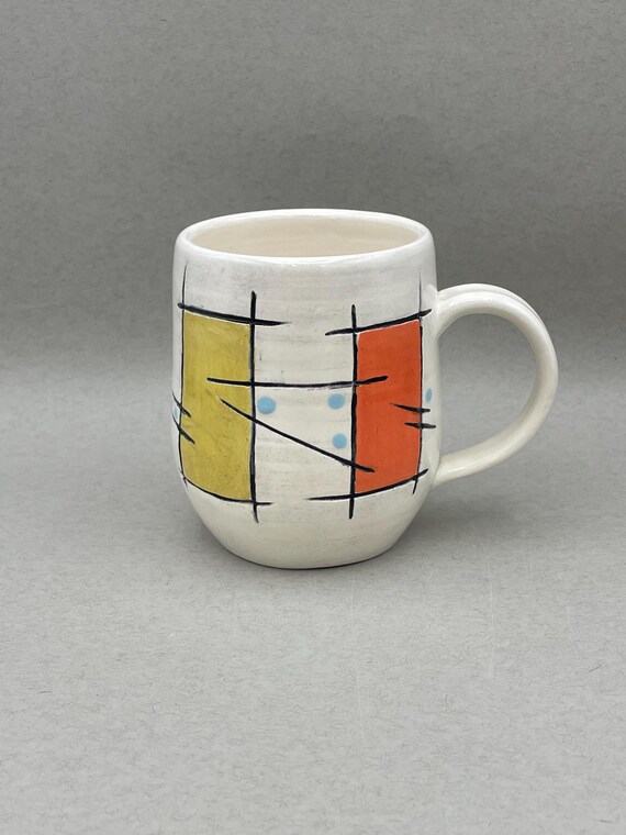 MUG, large, Mid Century "barkcloth" look, geometric, modern