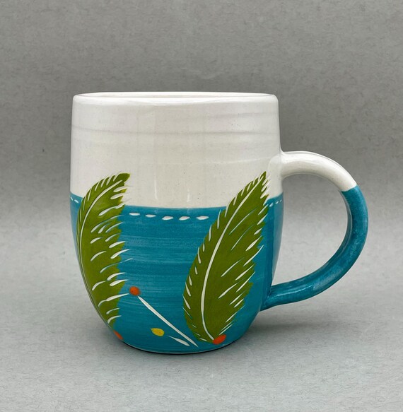 MUG, medium size, palm leaf motif, ocean front, modern, 12 oz