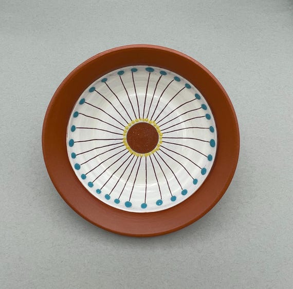 BOWL, smallish, modern, geometric, terra cotta with terra sigillata and glaze