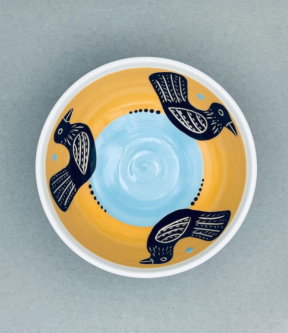 BOWL, small to medium size, cereal, personal salad, soup, folk art, birds, woodcut image