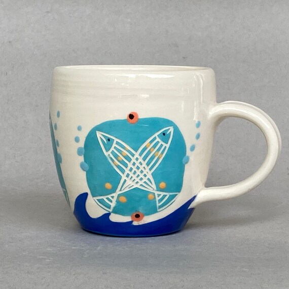 MUG, medium, 12 ounce, modern, aquatic, ocean scene, jumping fish