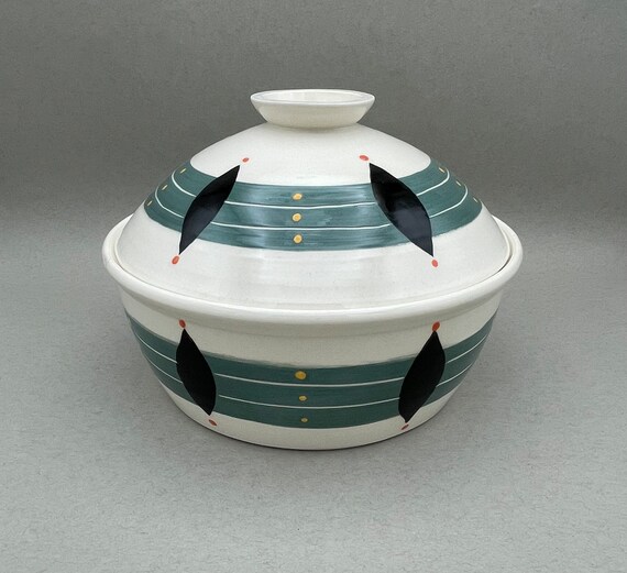 CASSEROLE, baking dish, covered dish, serving piece, mid century, modern, geometric soup tureen