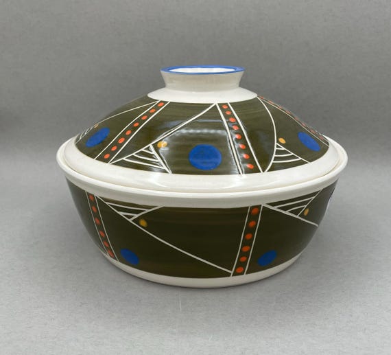 CASSEROLE, large, covered baking dish, modern geometric design, mid century