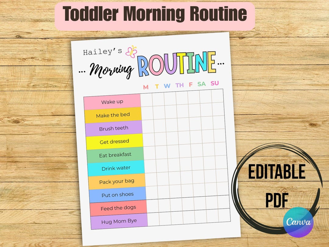 Morning Task Chart Kids Morning Routine Chart: Editable Daily Checklist ...