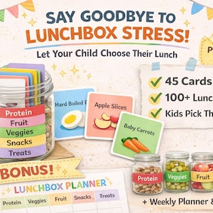 May include: An image promoting a lunchbox planning system. It features a jar with labels for protein, fruit, veggies, snacks, and treats, along with cards showing food ideas like apple slices and baby carrots. The text says "Say Goodbye to Lunchbox Stress!"