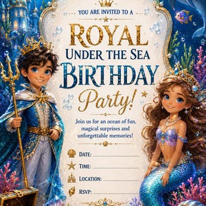 Pode incluir: Um convite para festa de aniversário Royal Under the Sea com um príncipe com tridente e uma sereia. O texto diz: YOU ARE INVITED TO A ROYAL UNDER THE SEA BIRTHDAY PARTY! Join us for an ocean of fun, magical surprises and unforgettable memories! DATE: TIME: LOCATION: RSVP: Let the adventure begin!