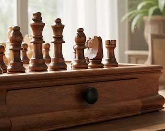 Handgefertigtes Schachset aus Holz mit Aufbewahrungsschubladen – Schachbrett aus Walnussholz mit kunstvoll geschnitzten Figuren – Individuelles Jubiläumsgeschenk für ihn