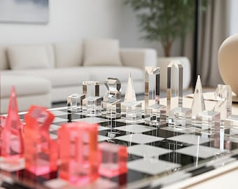 Modernes Acryl-Schachset, transparentes Lucite-Brettspiel mit farbigen Figuren – Luxuriöses Schachgeschenk für ihn, einzigartiges Geburtstagsgeschenk für den Ehemann