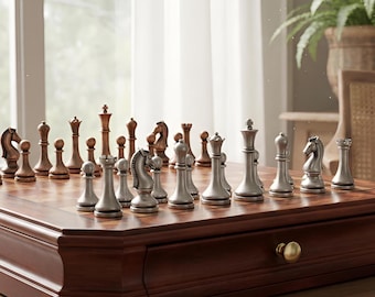 Schachset aus Holz mit Metallfiguren | Walnussholzbrett mit Schublade | Staunton Geschenk für Schachliebhaber | Luxuriöses, handgefertigtes Spiel