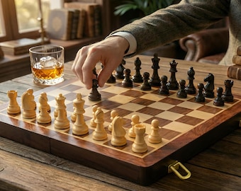 Magnetisches Schachset aus Holz, klassisches Holzspiel, Schachgeschenk für Männer, Reiseschachset mit Aufbewahrung, handgefertigtes Schachbrett