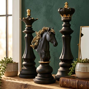 Stor schackpjässtaty 30 cm modern heminredning minimalistisk resinskulptur svart/vit/guld figurin unik present till schackälskare