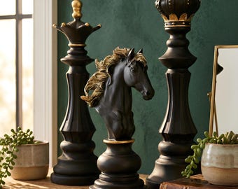 Große Schachfiguren-Statue (30 cm), moderne, minimalistische Heimdekoration, Kunstharz-Skulptur, schwarz/weiß/goldene Figur, einzigartiges Geschenk für Schachliebhaber