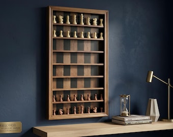 Wall Chess Set with Wooden Carved Pieces, Vertical Display Cabinet, Home Decor luxe chess table, Wall Shelf for wall decor