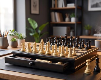 Wooden Chess Set with Pull-Out Storage Drawer, Dark Brown and Cream Chessmen, Woodgrain Tabletop Board for Strategy and Family Play