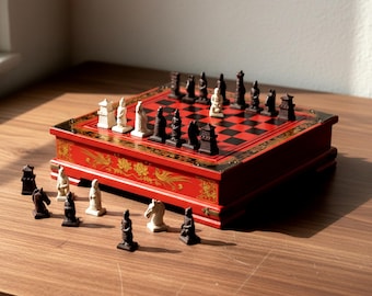 Chinese Chess Board with Carved-Look Warriors, Drawer Storage, 26 cm Red Case, Cream and Brown Pieces for Tabletop Strategy Play