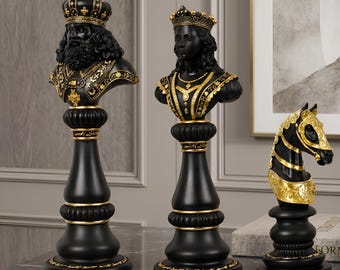 Estátua de peça de xadrez grande de 30 cm, decoração moderna para casa, escultura detalhada em resina, preta/branca/dourada, presente exclusivo para amantes de xadrez.