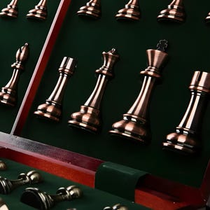 Luxury Metal Chess Set with 15" Wooden ChessBoard - Folding Storage Case - 2 Extra Queens - Unique Anniversary Gift for Him