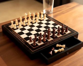 Chess Board with Black Wood-Look Finish and Drawer Storage, 24 cm or 30 cm, Compact Tabletop Game for Home, Office or Travel
