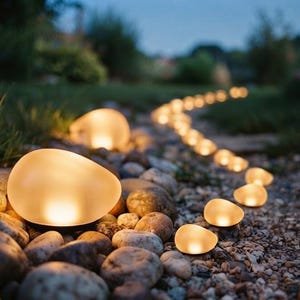 Può includere: Una serie di luci da esterno a forma di ciottoli lisci che emettono una luce calda e soffusa. Queste lampade arrotondate e traslucide sono disposte lungo un sentiero di ghiaia, imitando l'aspetto di pietre naturali e fornendo illuminazione.