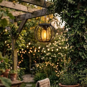 Peut inclure: Une lanterne sphérique en métal noir avec une ampoule centrale lumineuse, suspendue par une fine chaîne à une poutre de pergola en bois. La lanterne présente un design en forme de cage avec des barres verticales incurvées.
