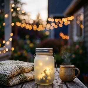 Op de afbeelding: Een lantaarn van matglazen weckpot met een zilverkleurig metalen deksel en draadhengel, gevuld met warm gloeiende lichtjes. Daarnaast staat een beige gespikkelde keramische mok met opstijgende stoom en een groen-witte gebreide deken op hout.