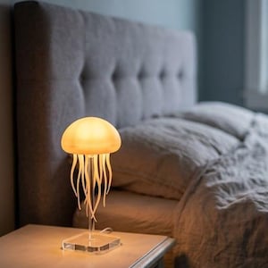 Könnte beinhalten: Eine quallenförmige Lampe mit einer leuchtenden, durchscheinenden, warm getönten Kuppel und langen, schlanken, herabhängenden Tentakeln. Die Lampe wird von einem klaren, transparenten vertikalen Stab auf einem quadratischen, flachen Sockel getragen.