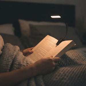 Könnte beinhalten: Eine schwarze Klemmleuchte mit flexiblem Hals und rechteckigem LED-Kopf, die an der Oberkante eines aufgeschlagenen Buches befestigt ist. Die Leuchte strahlt ein warmes, fokussiertes Licht auf die bedruckten Buchseiten und beleuchtet den Text.