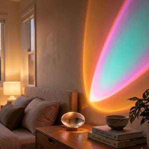 Könnte beinhalten: Eine klare, oval geformte Glaslampe auf einem Holzsockel wirft eine lebendige, mehrfarbige Projektion aus orangefarbenem, rosa und türkisfarbenem Licht an die Wand. Die Lampe steht auf einem Nachttisch aus Holz neben zwei gestapelten Büchern.