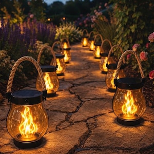 Peut inclure: Une série de lanternes en verre avec des couvercles noirs et des poignées en corde épaisse, contenant chacune un effet de flamme LED vacillante et chaleureuse. Ces lanternes sont disposées le long d'un chemin de jardin en pierre.