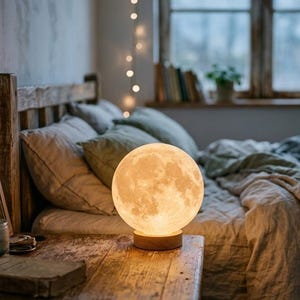 May include: A spherical moon lamp with a textured, cratered surface emitting a warm, soft glow. The lamp is mounted on a circular, light-colored wooden base, providing a stable foundation for the illuminated globe design.