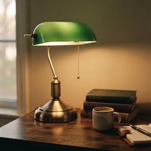 Peut inclure: Une lampe de banquier avec un abat-jour en verre vert et une base en métal brossé, dotée d'un interrupteur à chaînette. La lampe émet une lueur chaude, éclairant une pile de trois livres reliés, une tasse en céramique et un carnet avec un stylo.