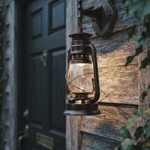 Può includere: Una lanterna in metallo color bronzo scuro con globo in vetro trasparente e protezione in filo metallico, montata su una parete in legno usurato. La lanterna presenta una fonte luminosa centrale che emette una luce calda ed è sospesa.