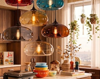 Lampada a sospensione in vetro colorato, paralume moderno a bolle, illuminazione per isola cucina.